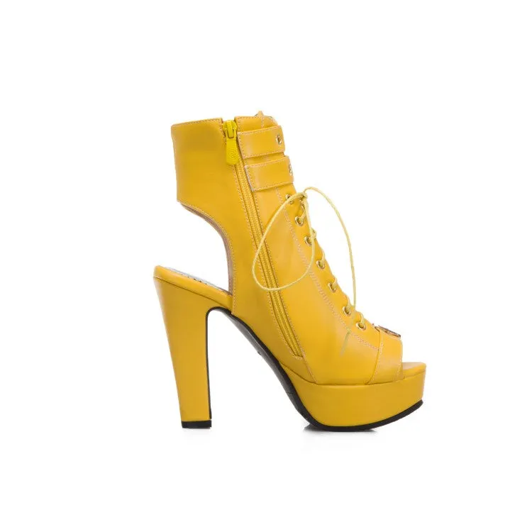 Women's Peep Toe Buckle Lace-Up Chunky Heel Platform Sandals