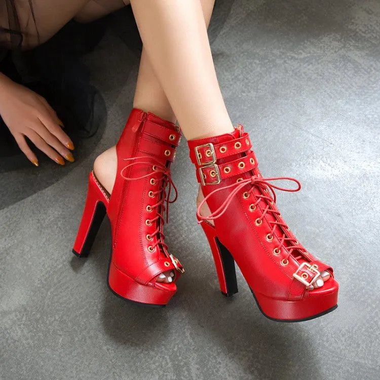 Women's Peep Toe Buckle Lace-Up Chunky Heel Platform Sandals