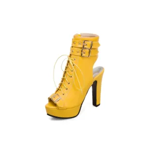 Women's Peep Toe Buckle Lace-Up Chunky Heel Platform Sandals