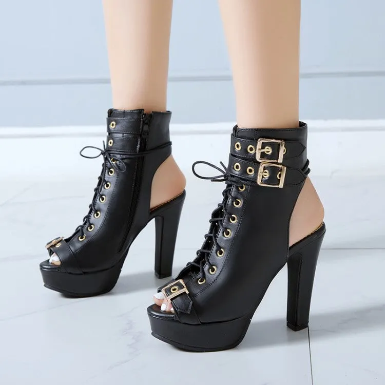 Women's Peep Toe Buckle Lace-Up Chunky Heel Platform Sandals