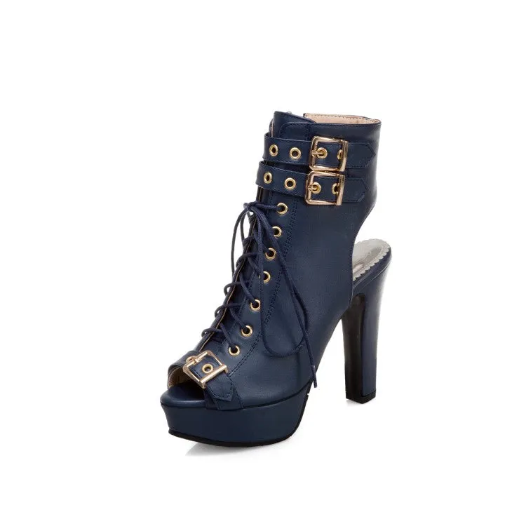 Women's Peep Toe Buckle Lace-Up Chunky Heel Platform Sandals