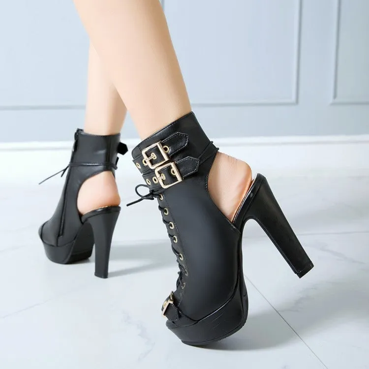 Women's Peep Toe Buckle Lace-Up Chunky Heel Platform Sandals