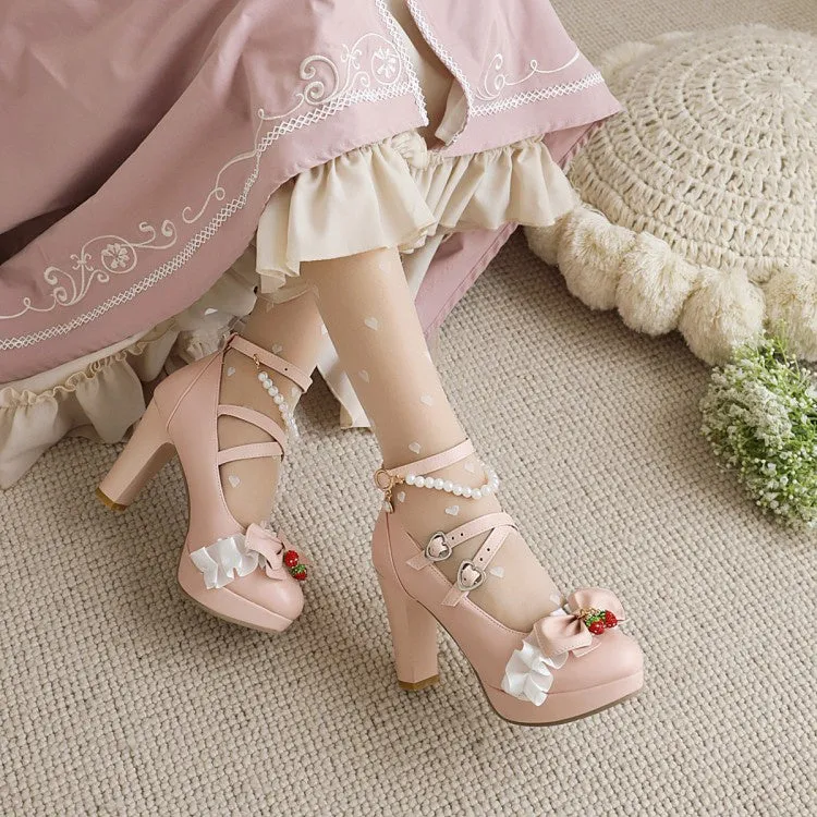 Women's Platform Pumps Buckle Mary Janes Shoes with Bowtie