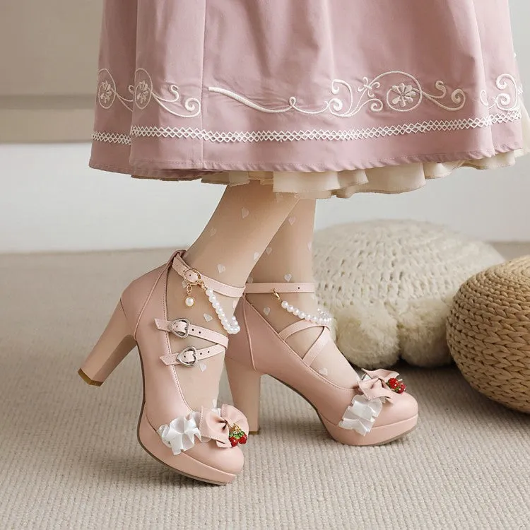 Women's Platform Pumps Buckle Mary Janes Shoes with Bowtie