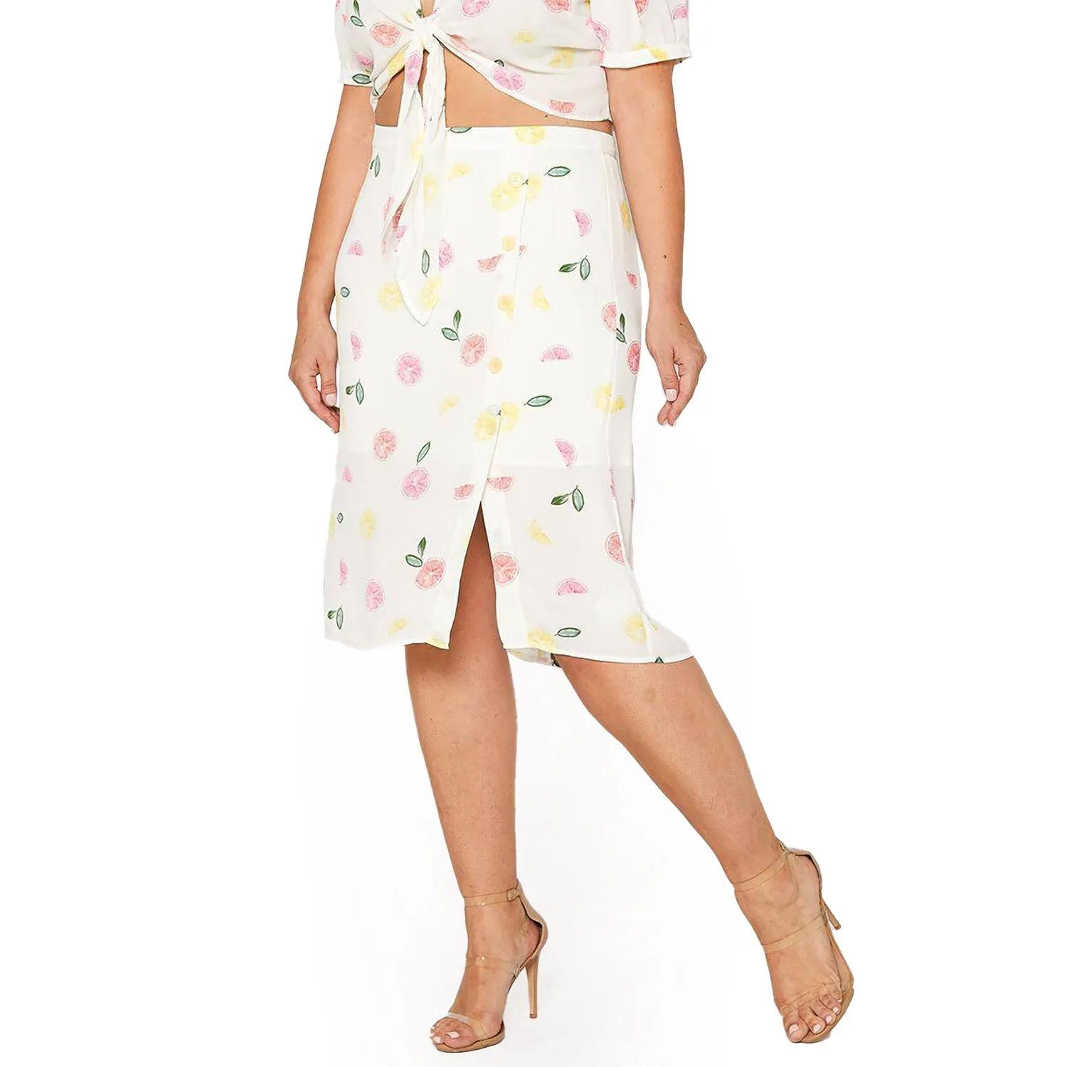 Women's Plus Size Button Front Midi Skirt in Fruit Punch