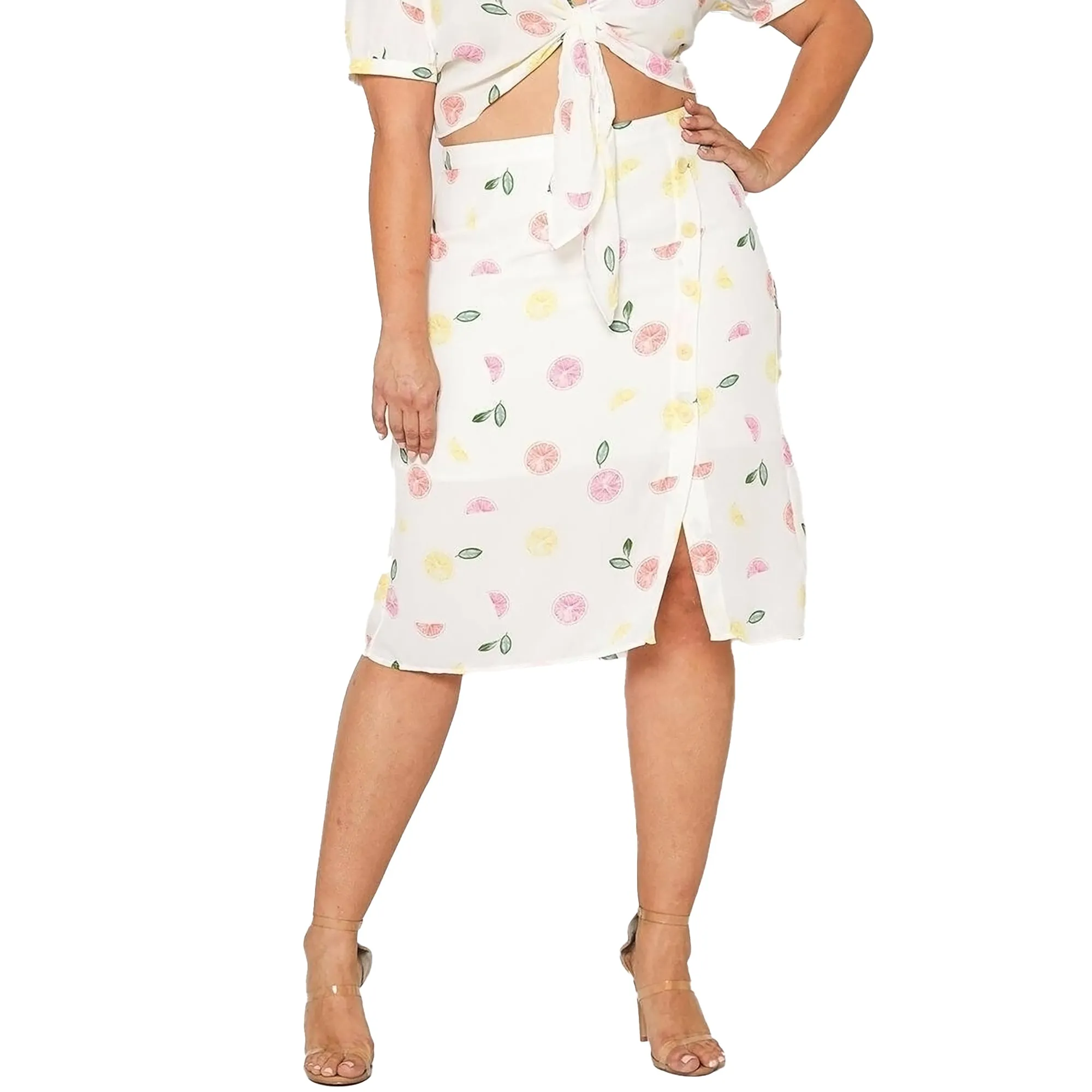 Women's Plus Size Button Front Midi Skirt in Fruit Punch