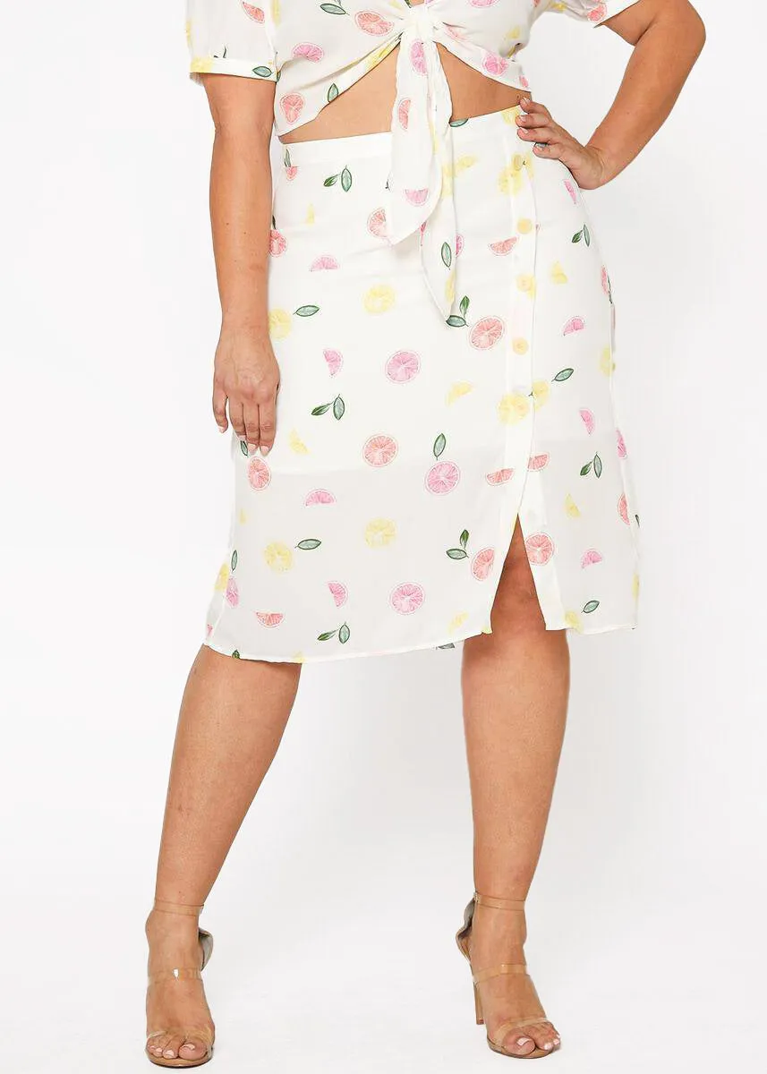 Women's Plus Size Button Front Midi Skirt in Fruit Punch