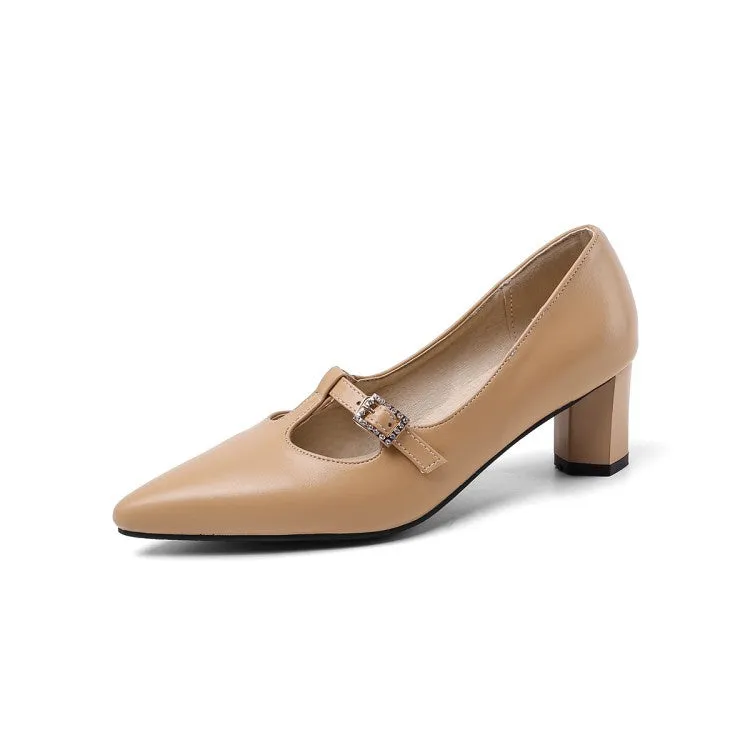 Women's Pointed Toe Buckle High Heel Chunky Pumps