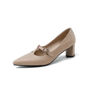 Women's Pointed Toe Buckle High Heel Chunky Pumps
