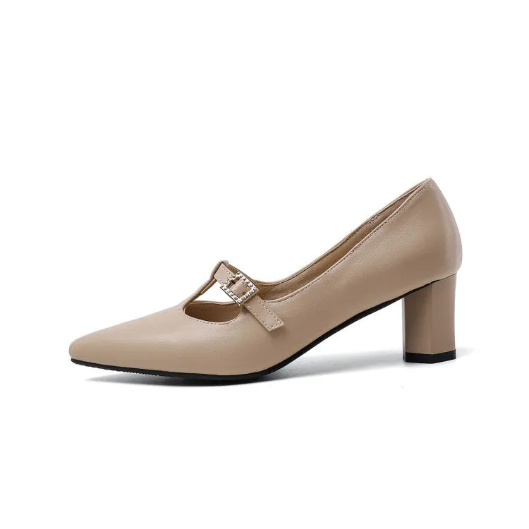 Women's Pointed Toe Buckle High Heel Chunky Pumps