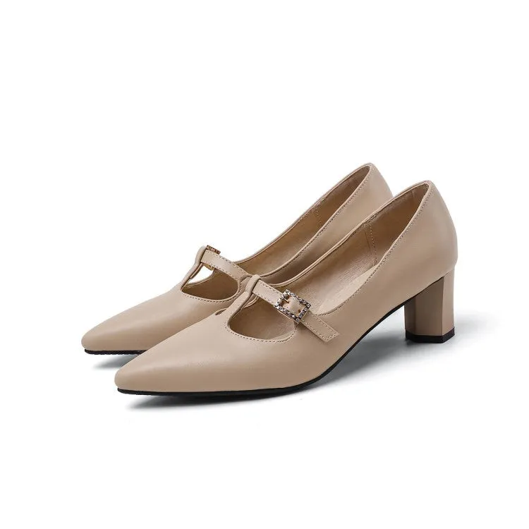 Women's Pointed Toe Buckle High Heel Chunky Pumps