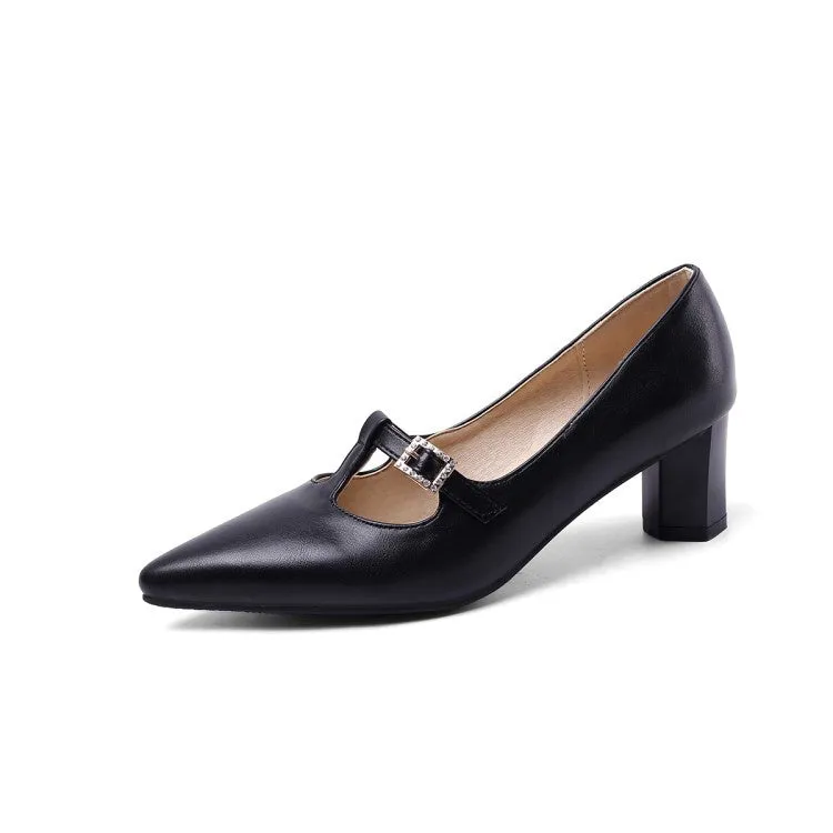 Women's Pointed Toe Buckle High Heel Chunky Pumps
