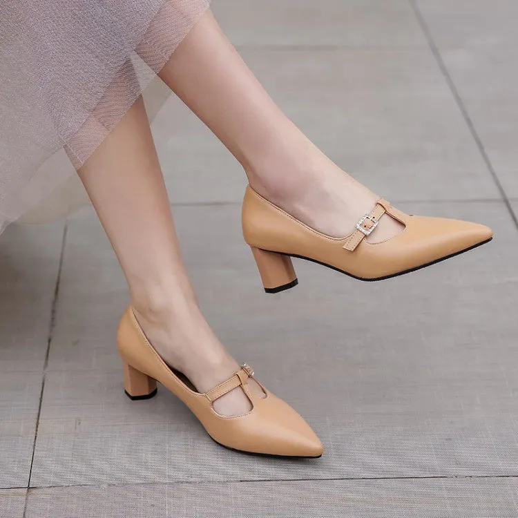 Women's Pointed Toe Buckle High Heel Chunky Pumps