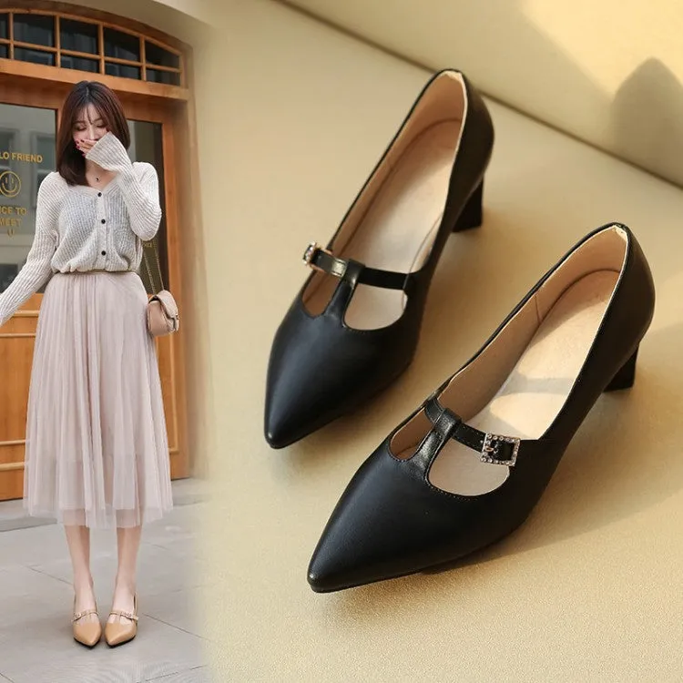 Women's Pointed Toe Buckle High Heel Chunky Pumps