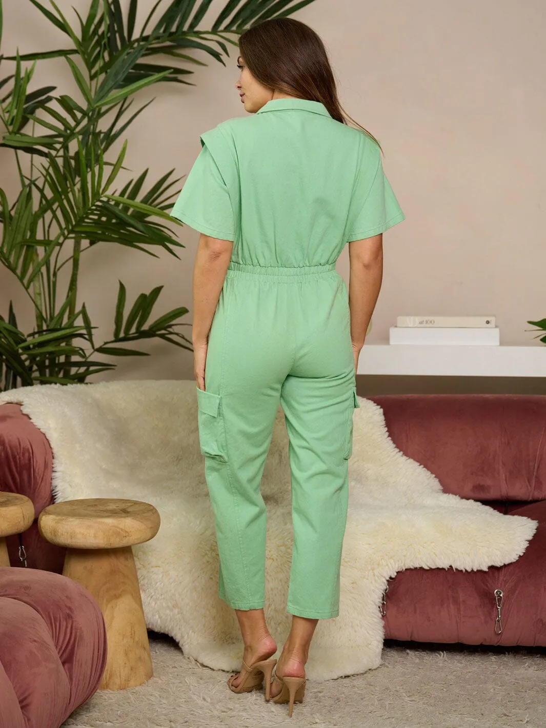 WOMEN'S SHORT SLEEVE BUTTON UP DENIM JUMPSUIT