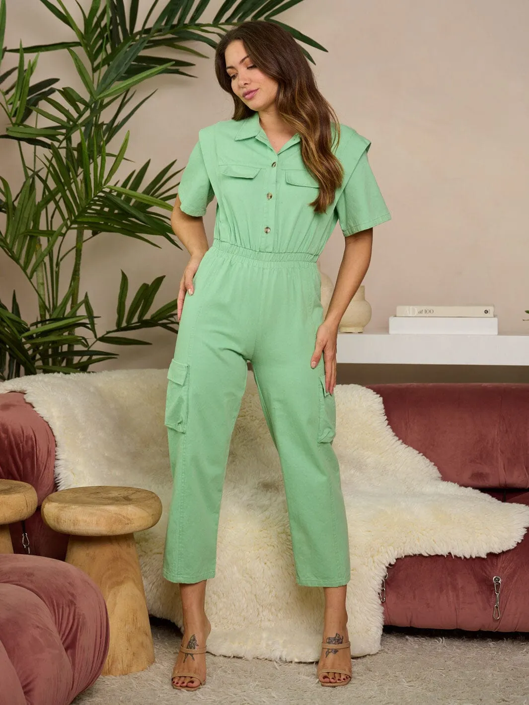 WOMEN'S SHORT SLEEVE BUTTON UP DENIM JUMPSUIT
