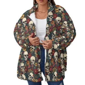Women's Skull Print Borg Fleece Stand-up Collar Coat With Zipper Closure