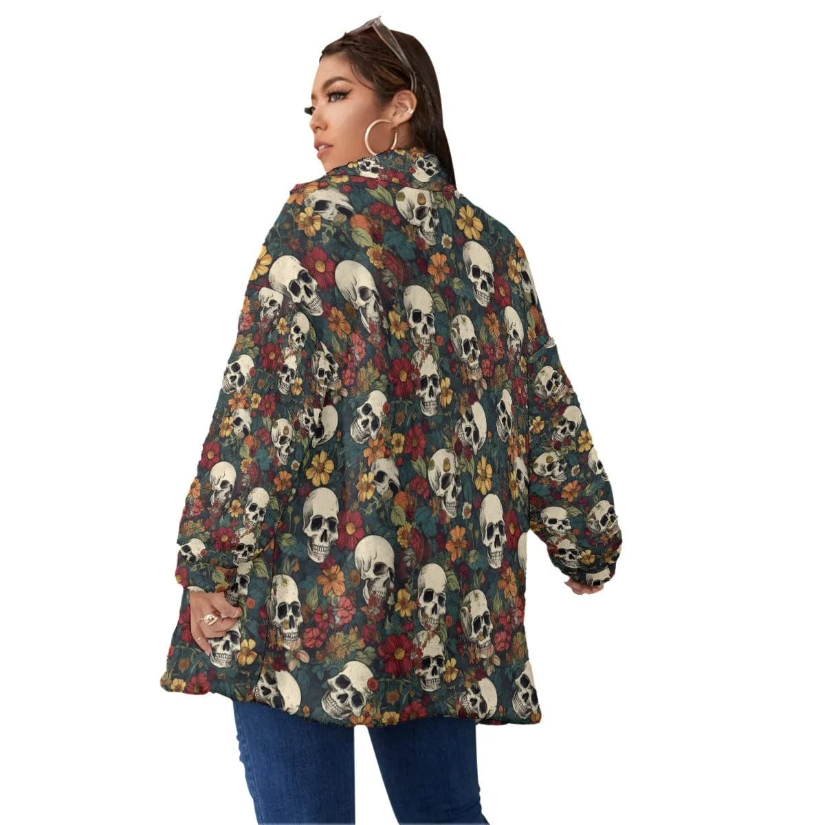 Women's Skull Print Borg Fleece Stand-up Collar Coat With Zipper Closure