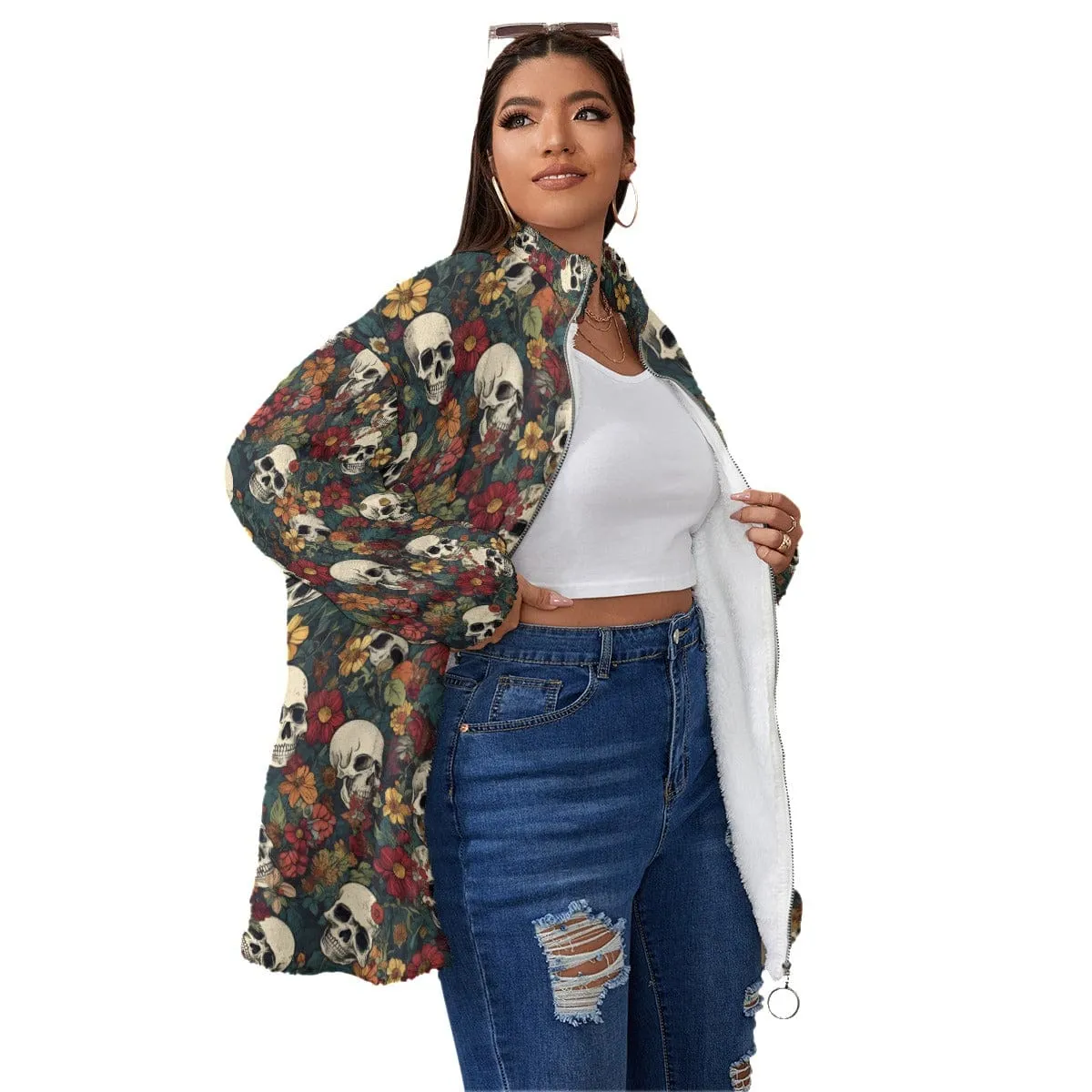 Women's Skull Print Borg Fleece Stand-up Collar Coat With Zipper Closure