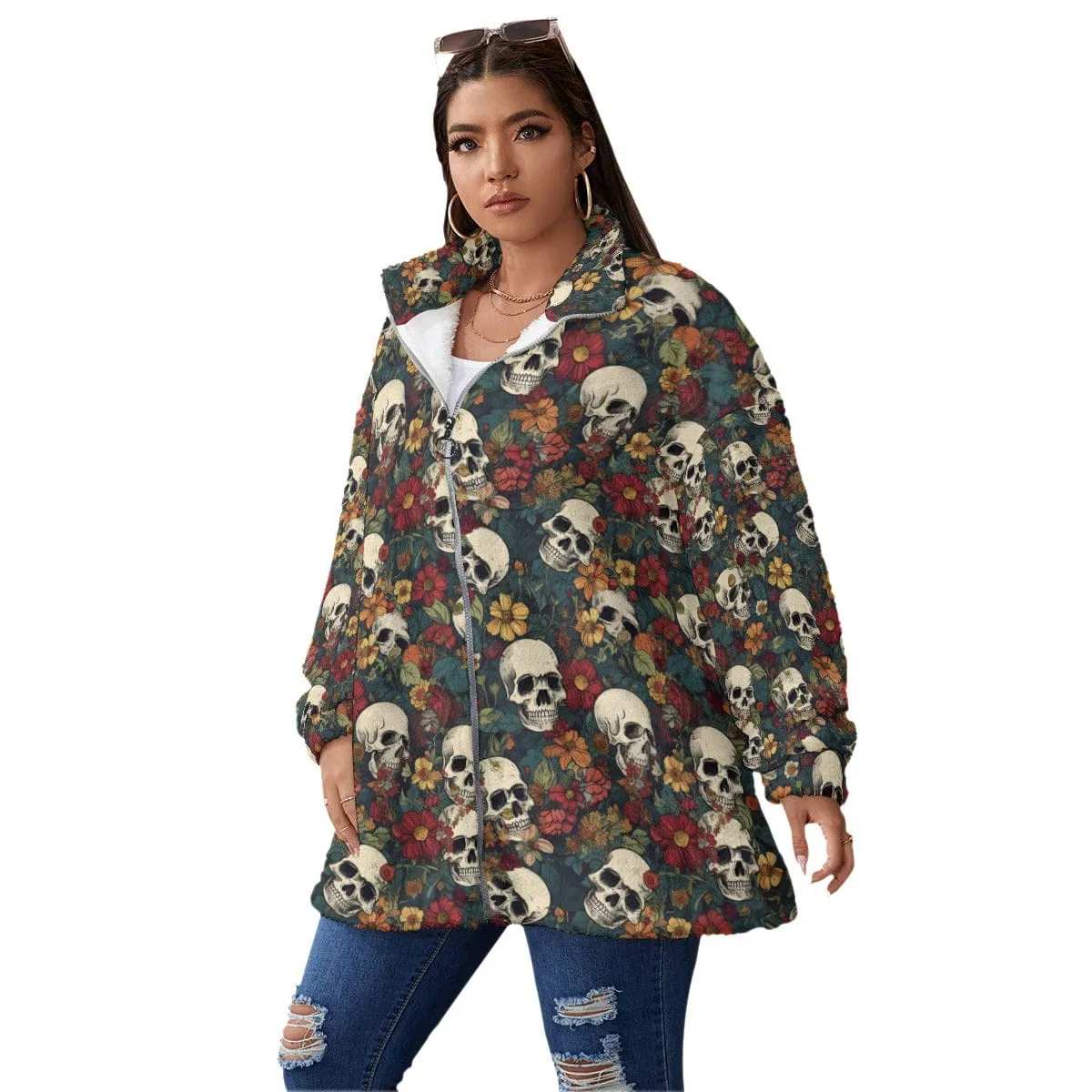Women's Skull Print Borg Fleece Stand-up Collar Coat With Zipper Closure