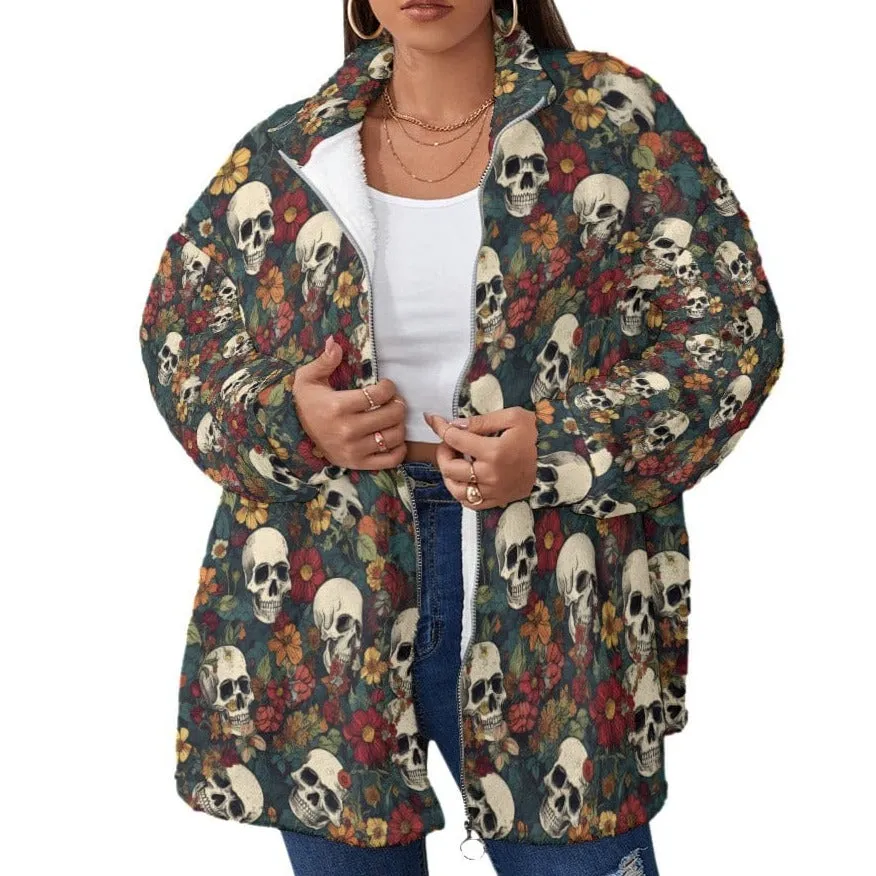 Women's Skull Print Borg Fleece Stand-up Collar Coat With Zipper Closure