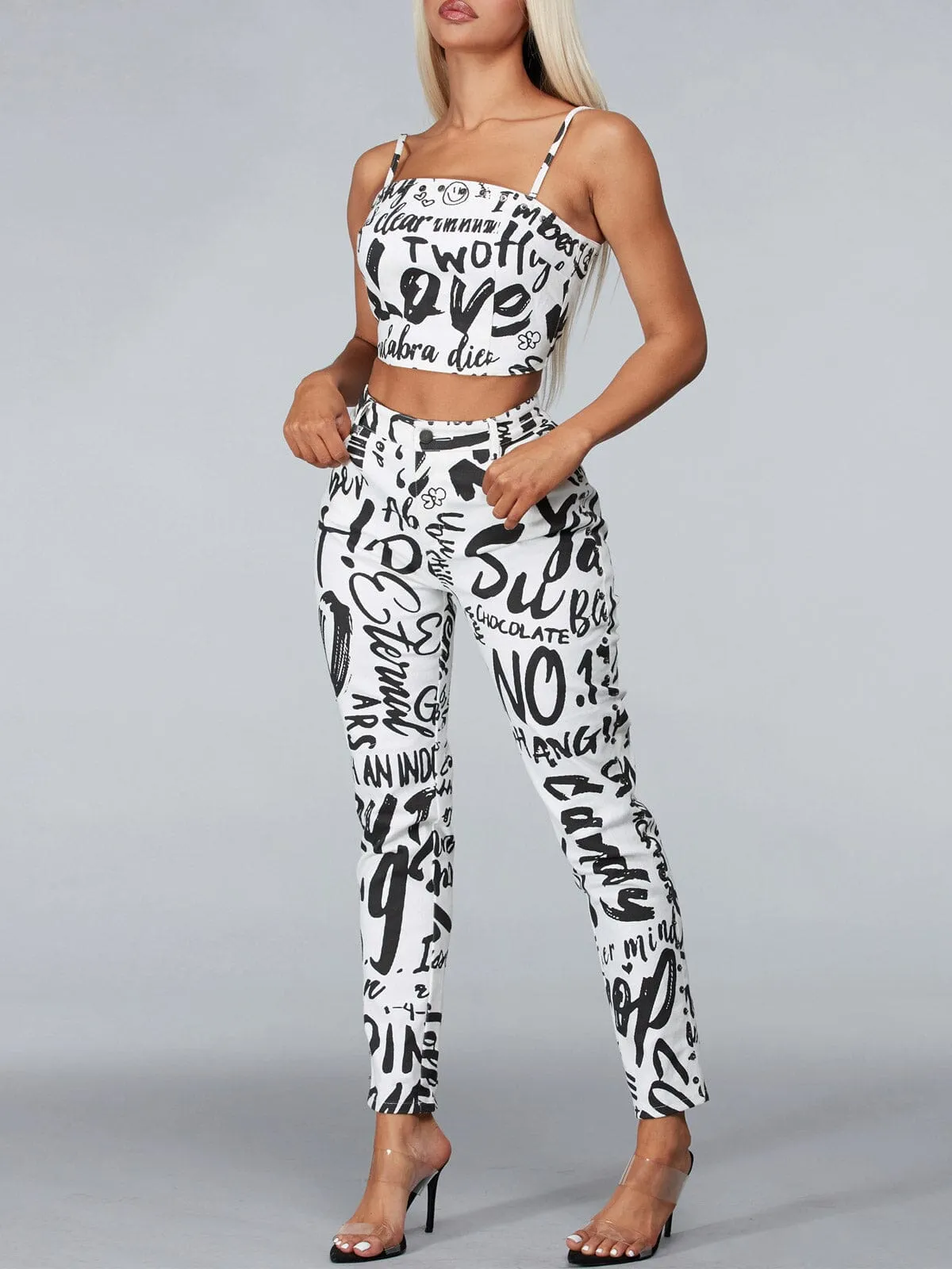 WOMEN'S SLEEVELESS 2PC. TOP & PANTS GRAPHIC DENIM SET