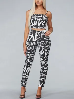 WOMEN'S SLEEVELESS 2PC. TOP & PANTS GRAPHIC DENIM SET
