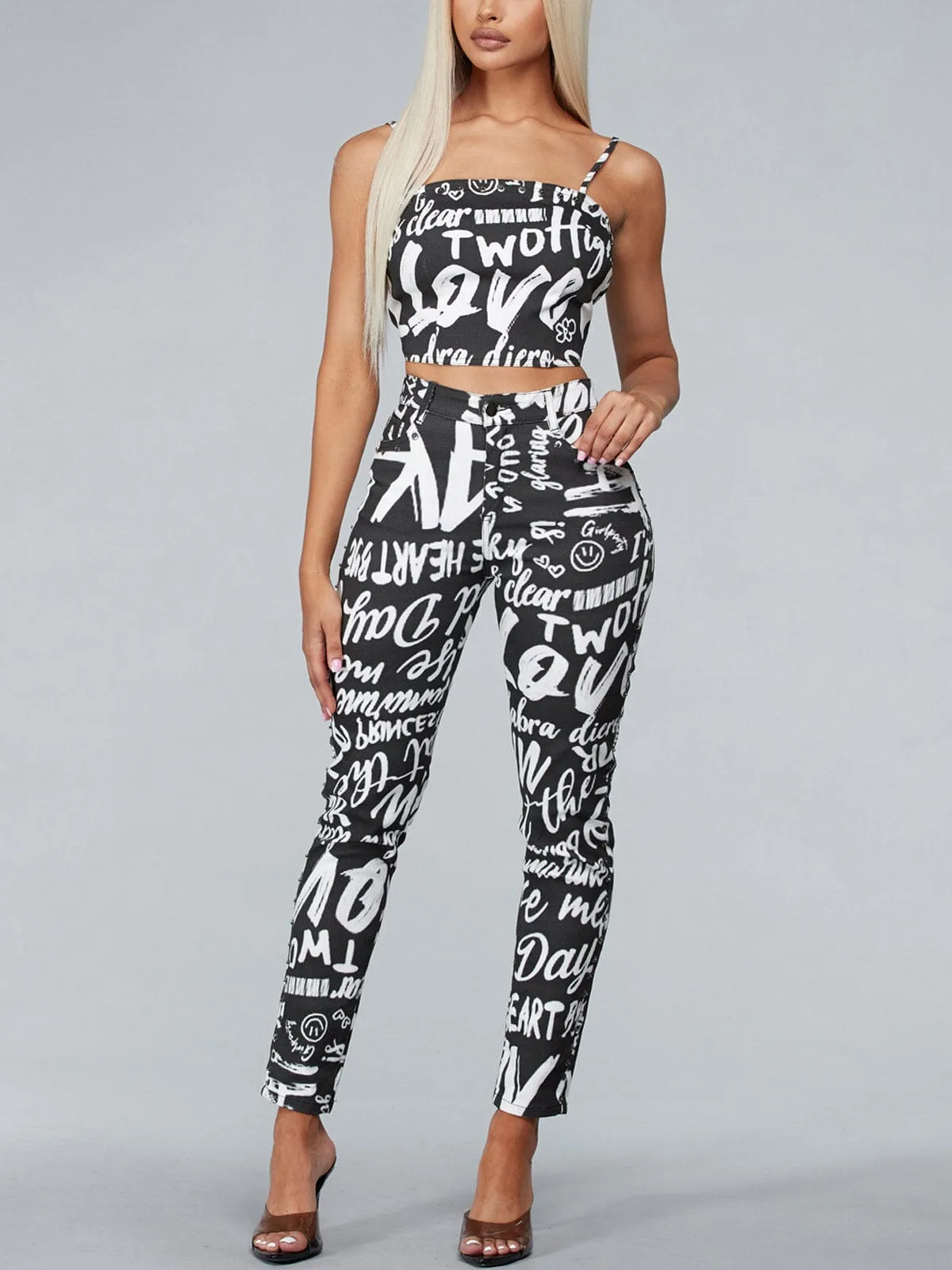 WOMEN'S SLEEVELESS 2PC. TOP & PANTS GRAPHIC DENIM SET