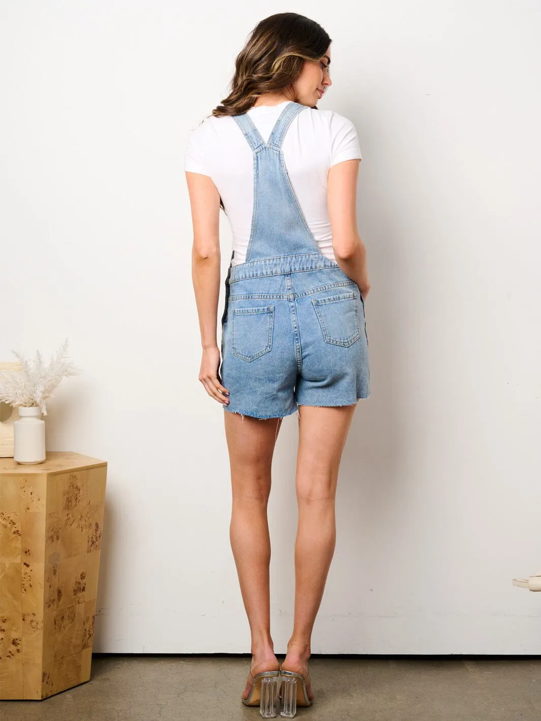 WOMEN'S SLEEVELESS POCKETS CLOUDS PRINT DISTRESS DENIM OVERALL