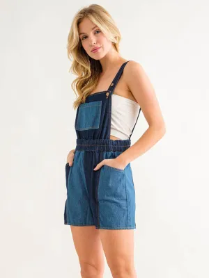 WOMEN'S SLEEVELESS POCKETS COLORBLOCK DENIM OVERALL