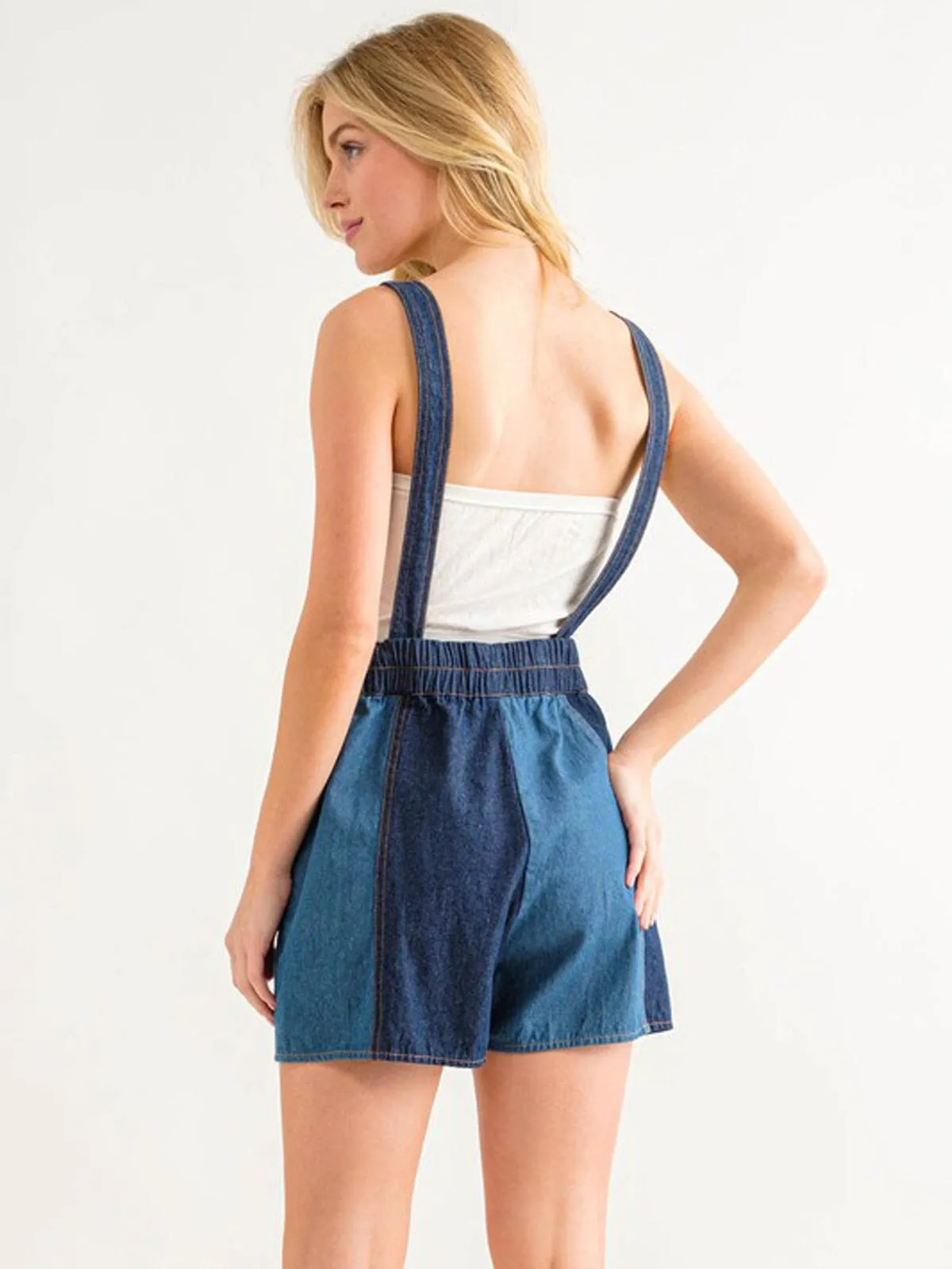 WOMEN'S SLEEVELESS POCKETS COLORBLOCK DENIM OVERALL