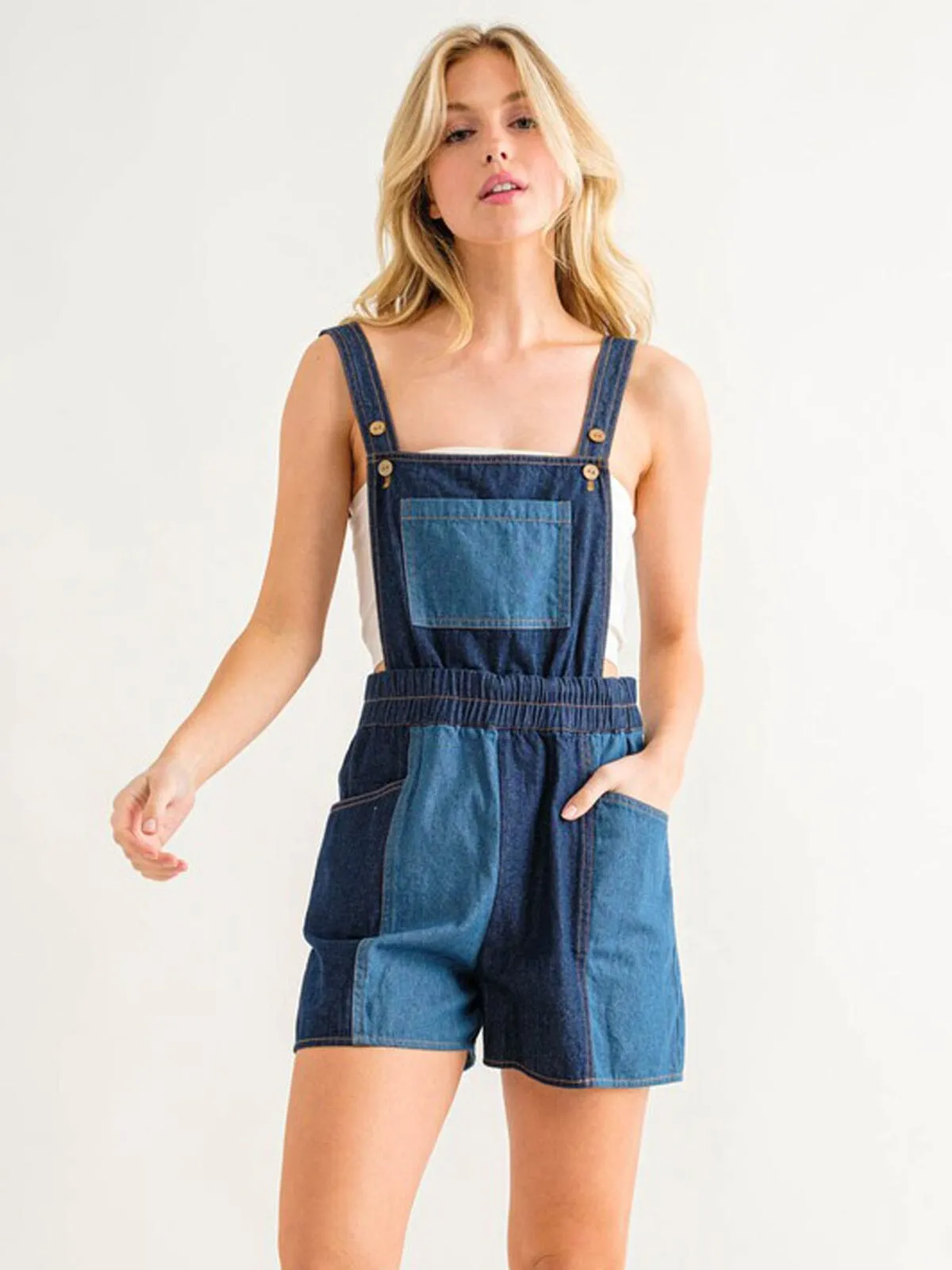 WOMEN'S SLEEVELESS POCKETS COLORBLOCK DENIM OVERALL