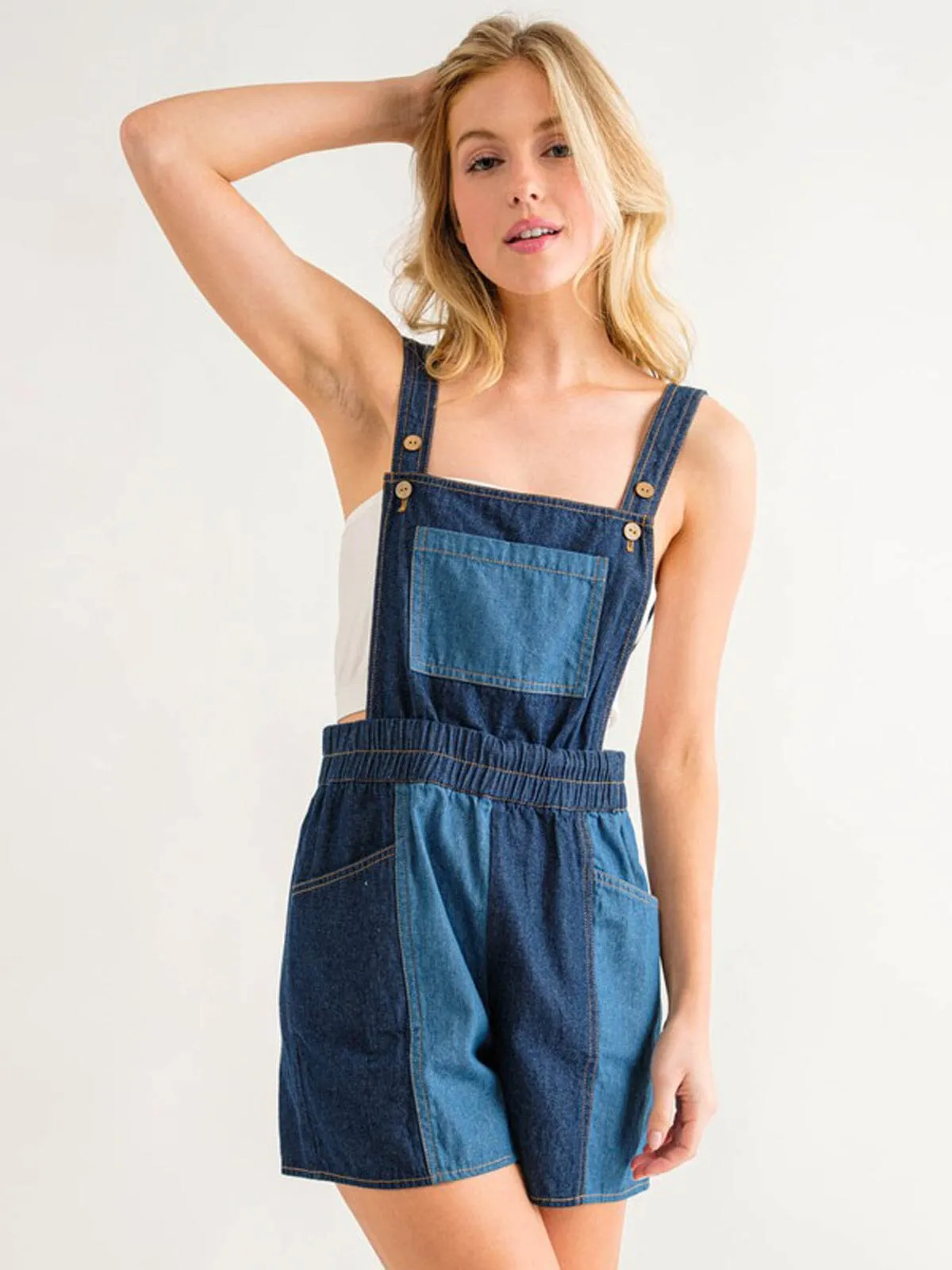 WOMEN'S SLEEVELESS POCKETS COLORBLOCK DENIM OVERALL