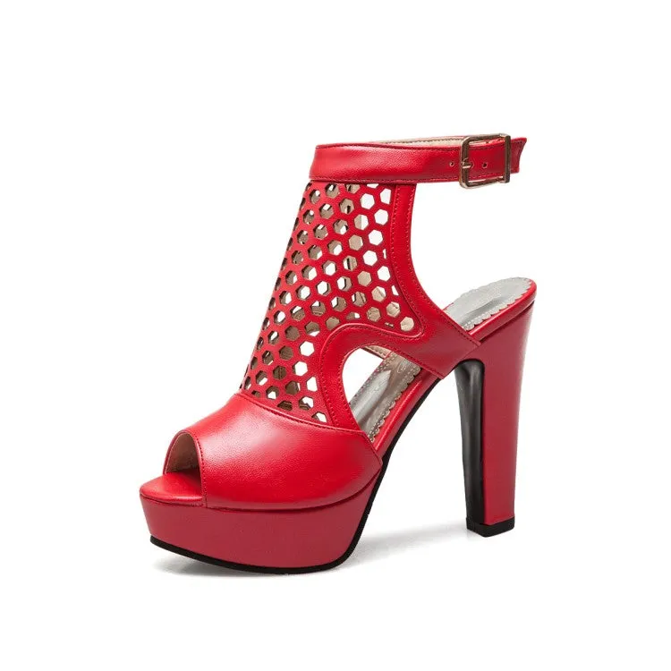 Women's Solid Color Hollow Out Chunky Heel Platform Sandals