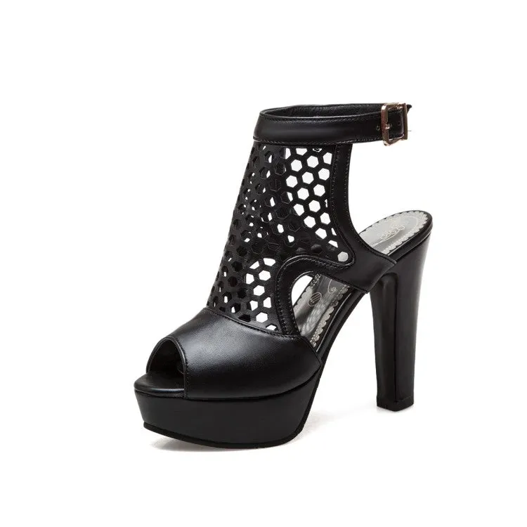 Women's Solid Color Hollow Out Chunky Heel Platform Sandals