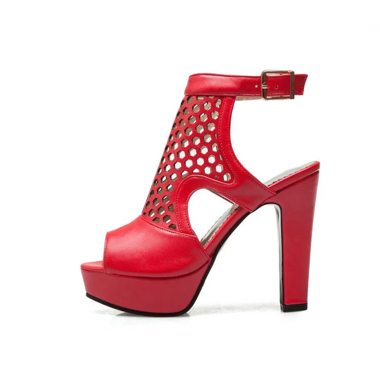 Women's Solid Color Hollow Out Chunky Heel Platform Sandals