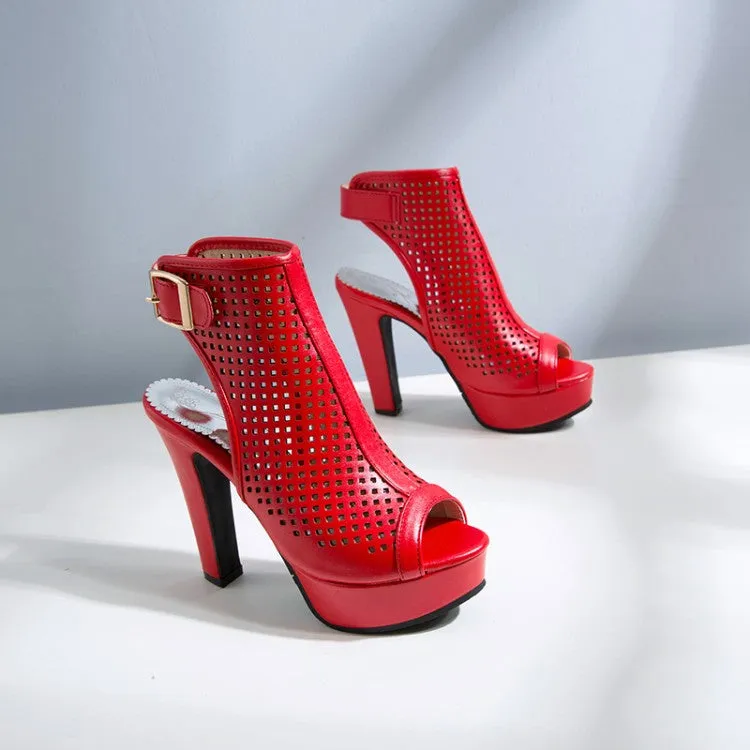 Women's Solid Color Hollow Out Peep Toe Chunky Heel Platform Sandals