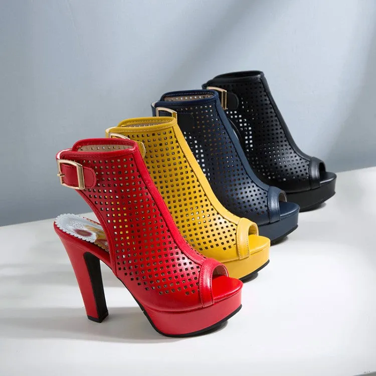 Women's Solid Color Hollow Out Peep Toe Chunky Heel Platform Sandals
