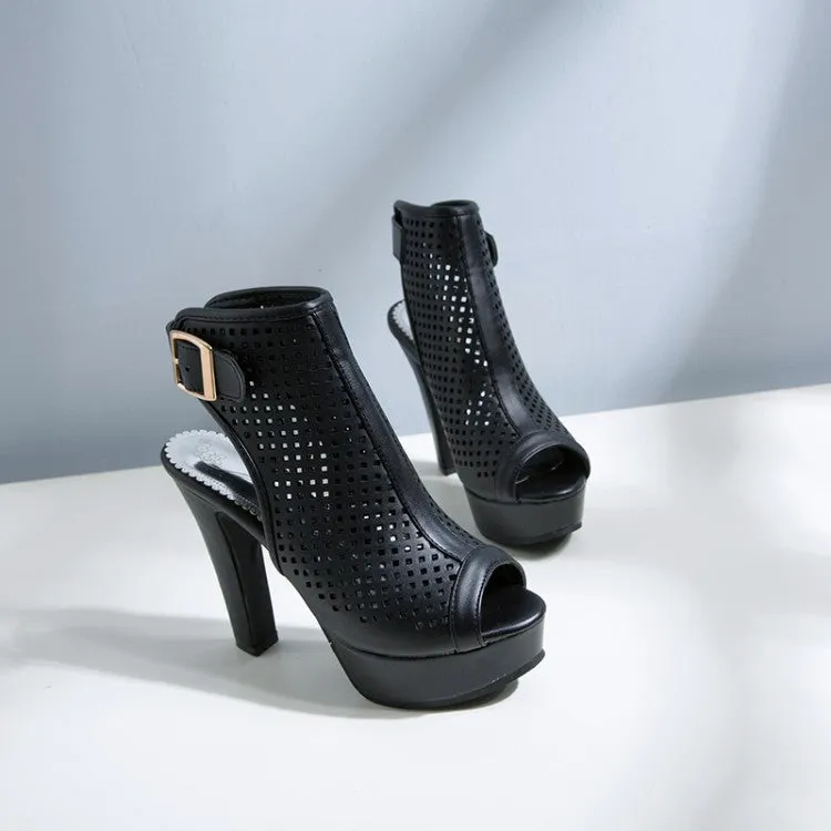 Women's Solid Color Hollow Out Peep Toe Chunky Heel Platform Sandals