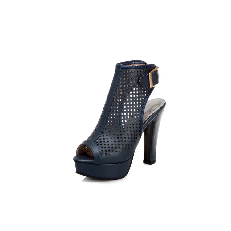 Women's Solid Color Hollow Out Peep Toe Chunky Heel Platform Sandals