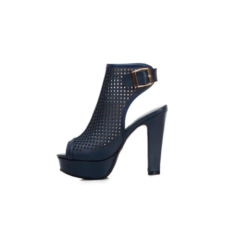 Women's Solid Color Hollow Out Peep Toe Chunky Heel Platform Sandals