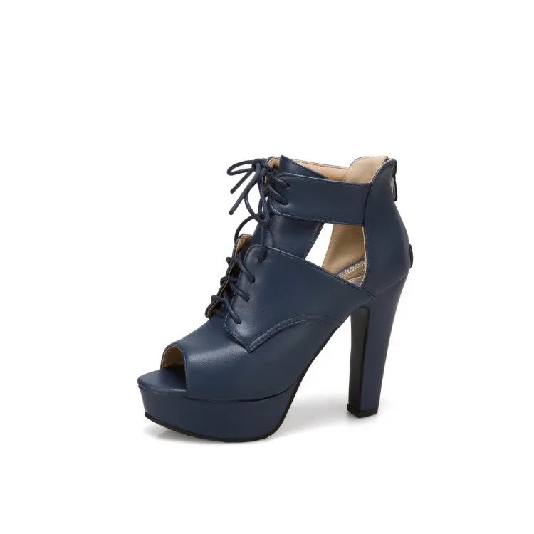 Women's Solid Color Peep Toe Strap Ankle Wrap Platform Chunky Heel Sandals