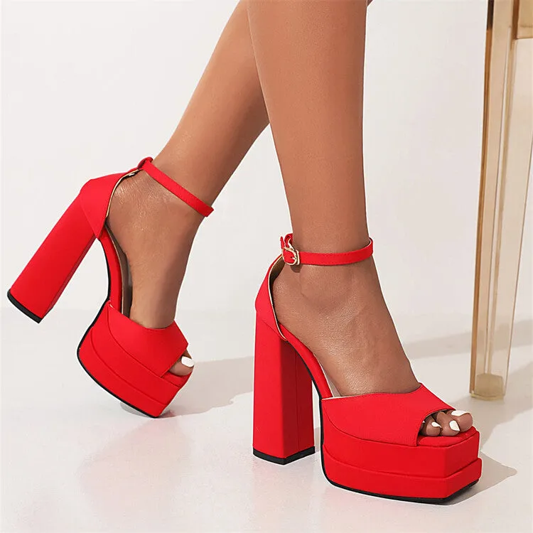 Women's Solid Color Peep Toe Thick Sole Block Heel Platform Sandals