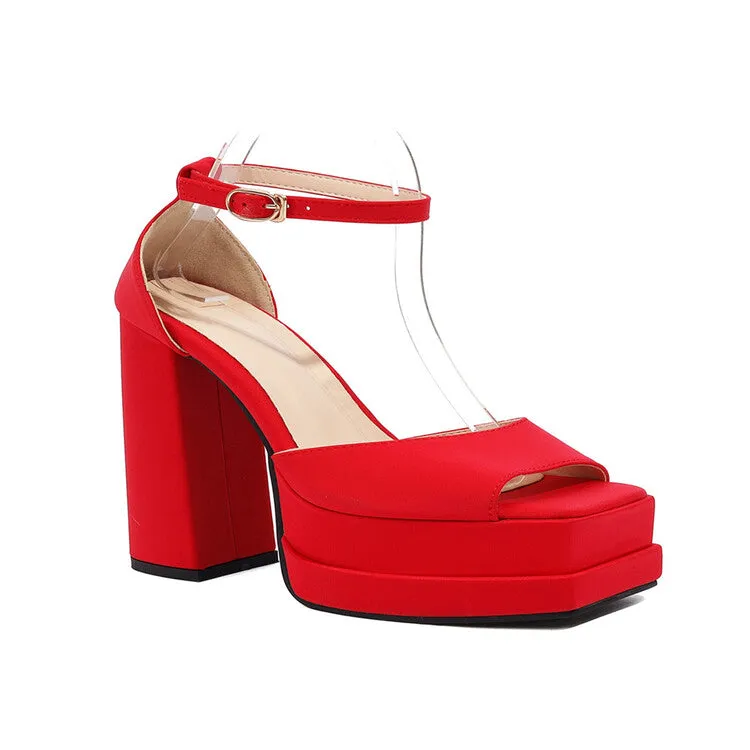 Women's Solid Color Peep Toe Thick Sole Block Heel Platform Sandals