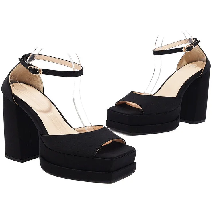 Women's Solid Color Peep Toe Thick Sole Block Heel Platform Sandals