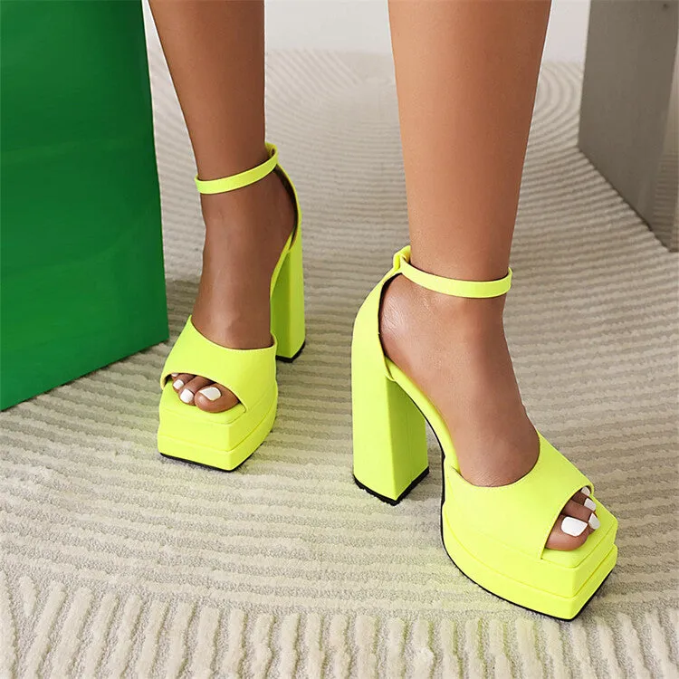 Women's Solid Color Peep Toe Thick Sole Block Heel Platform Sandals