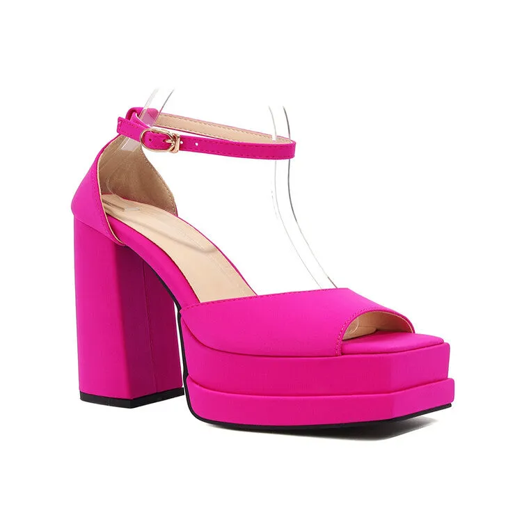 Women's Solid Color Peep Toe Thick Sole Block Heel Platform Sandals