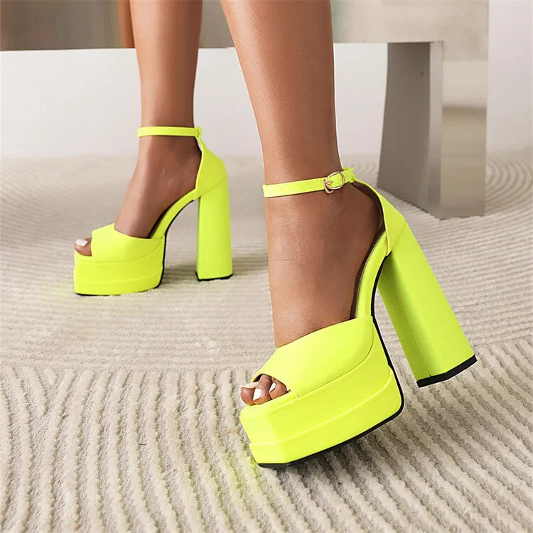Women's Solid Color Peep Toe Thick Sole Block Heel Platform Sandals