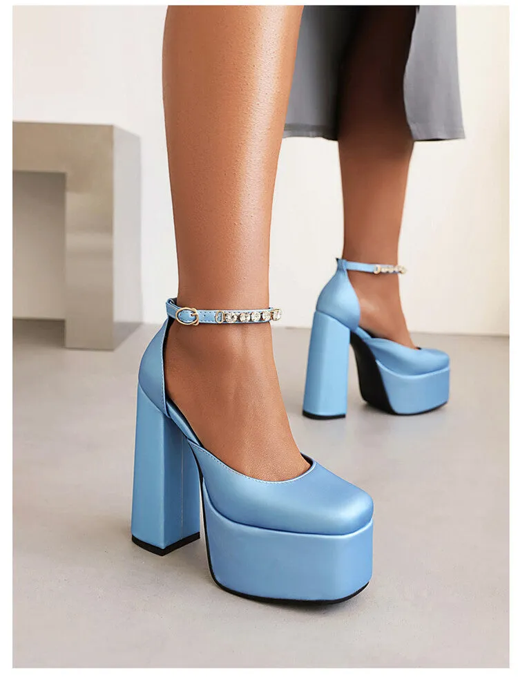 Women's Solid Color Round Toe Chunky Heel Ankle Strap Rhinestone High Heels Platform Sandals