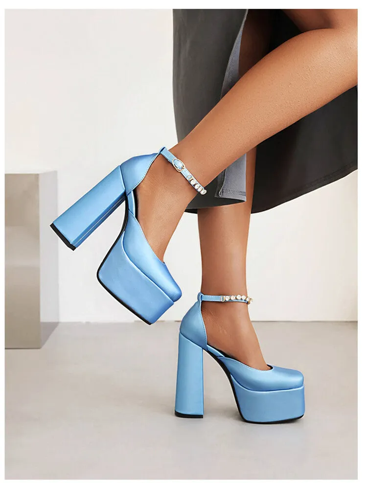 Women's Solid Color Round Toe Chunky Heel Ankle Strap Rhinestone High Heels Platform Sandals
